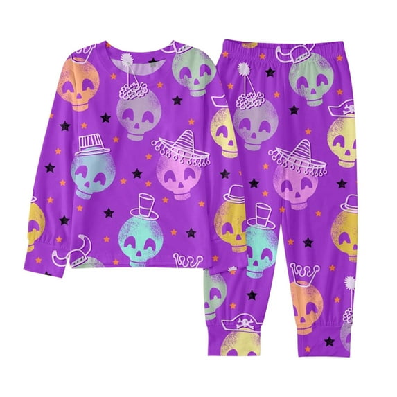 LIIPEE Boys Girls Outfit Halloween Cartoon Skull Graphic Printed Long Sleeve Round Neck Shirt Pants Set Stylish Party Outfits,Purple,2-3 Years