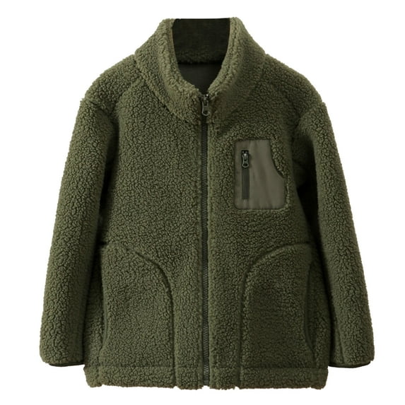 LIIPEE Boys Girls Plush Jacket Solid Color Long Sleeve Stand Collar Zip Up Fuzzy Jackets Big Boys Comfort Daily Coat,Dark Green,11-12 Years