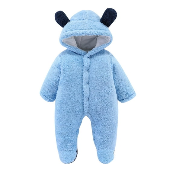 LIIPEE Boys Girls Plush Onesie Warm Solid Color Long Sleeve Hooded Fuzzy Jumpsuit Trendy Indoor Outdoor Wear One-Pieces,Blue,9-12 Months