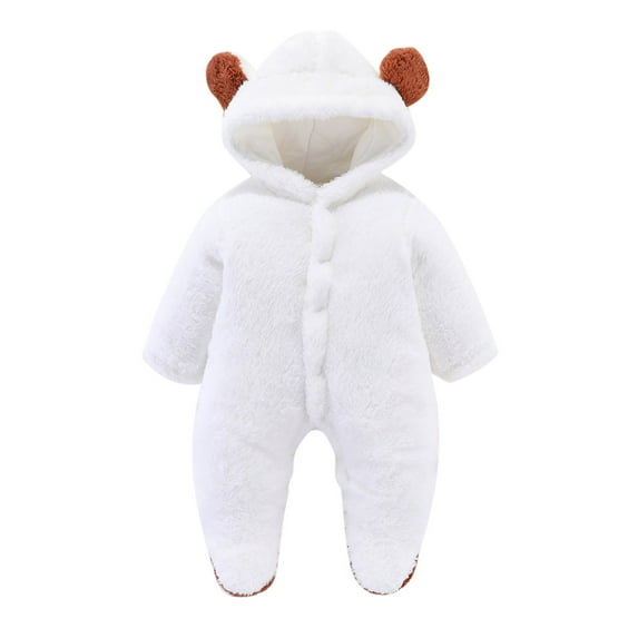 LIIPEE Boys Girls Plush Onesie Warm Solid Color Long Sleeve Hooded Fuzzy Jumpsuit Casual Holiday School Party One-Pieces,White,3-6 Months
