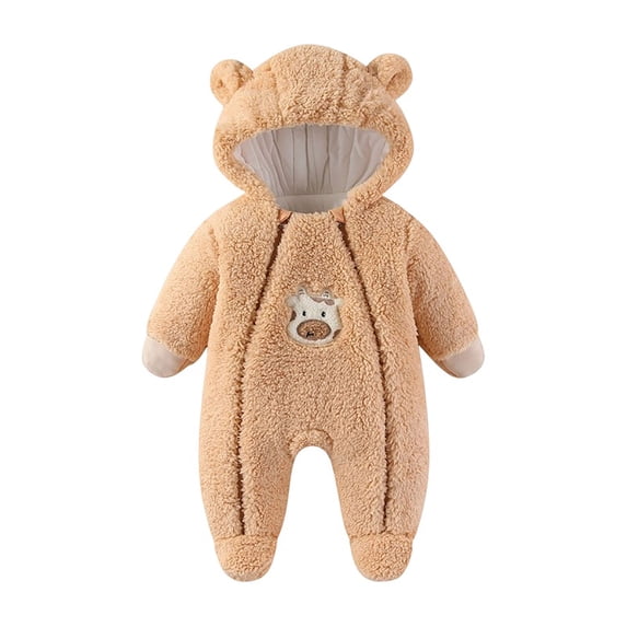 LIIPEE Boys Girls Plush Onesie Warm Thickened Cartoon Animal Long Sleeve Hooded Zip Up Fuzzy Jumpsuit Toddler Stylish Play One-Pieces,Khaki,0-3 Months