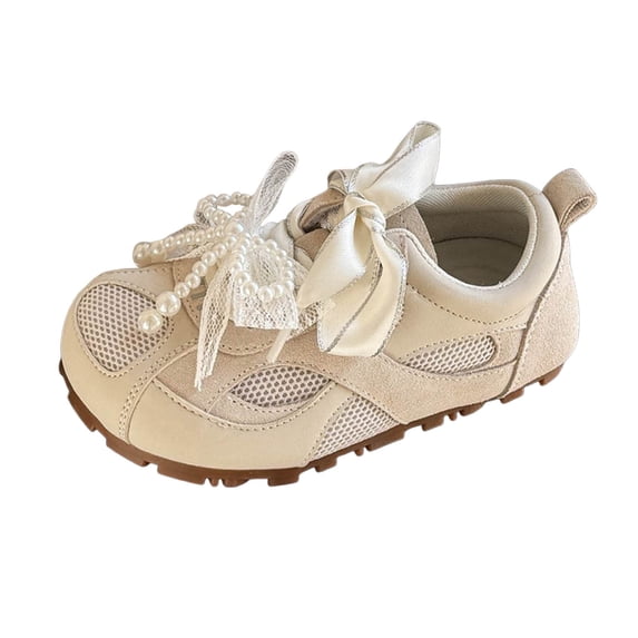 LIIPEE Boys Girls Sneakers New Lightweight Closed Toe Non- Soft Sole Bowknot Lace Up Mesh Walking Running Tennis Gym Workout Athletic Shoes Girl Versatile Holiday School Party Sneaker,Beige,22