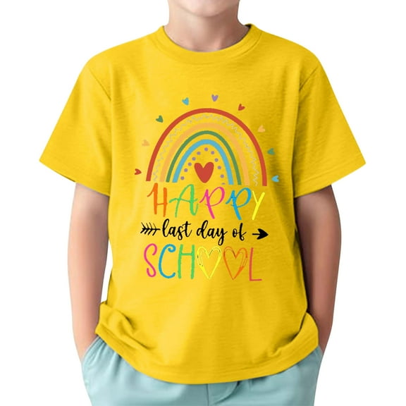 LIIPEE Boys Girls T-Shirts Summer Casual Short Sleeve Cartoon Letter Rainbow Printed Round Neck Tshirt Child Trendy Everyday Wear Tee Shirts,Yellow,2-3 Years