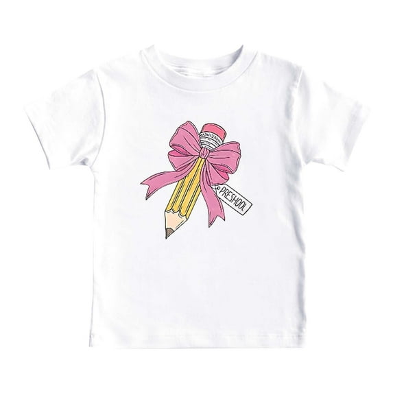 LIIPEE Boys Girls Tops Cartoon Bowknot Pencil Printed Short Sleeve Round Neck Tshirt Top Child Casual Birthday Tee,White,8-9 Years