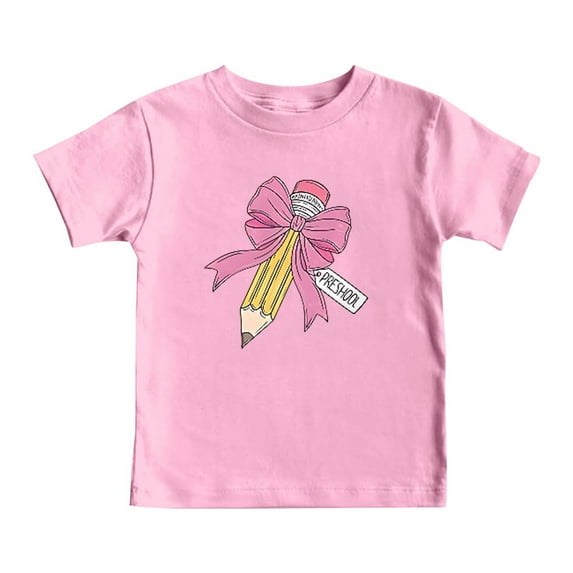 LIIPEE Boys Girls Tops Cartoon Bowknot Pencil Printed Short Sleeve Round Neck Tshirt Top Child Versatile Indoor Tee Shirts,Pink,10-11 Years