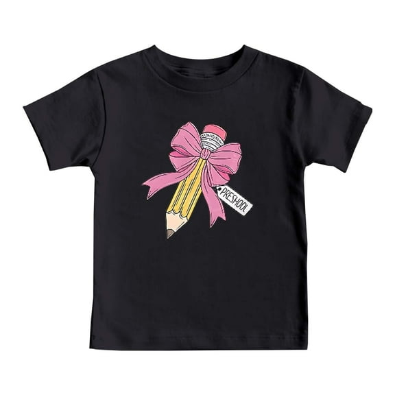 LIIPEE Boys Girls Tops Cartoon Bowknot Pencil Printed Short Sleeve Round Neck Tshirt Top Versatile Birthday Tee,Black,4-5 Years
