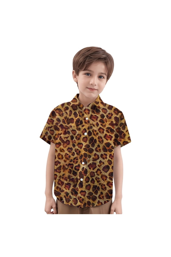 Boys Girls Tops Cartoon Leopard Printed Short Sleeve Turndown Collar Button Shirt With Pocket Toddler Stylish Birthday Tee Shirts,Multicolour,3-4 Years