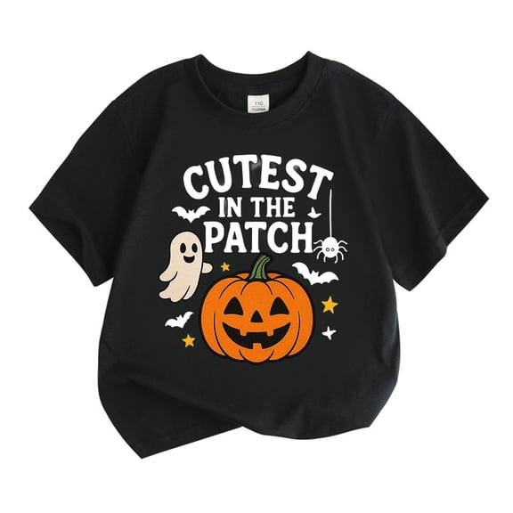 LIIPEE Boys Girls Tops Halloween Cartoon Pumpkin Letter Ghost Printed Short Sleeve Round Neck Tshirt Top Child Comfort Daily Tee Shirts,Black,5-6 Years
