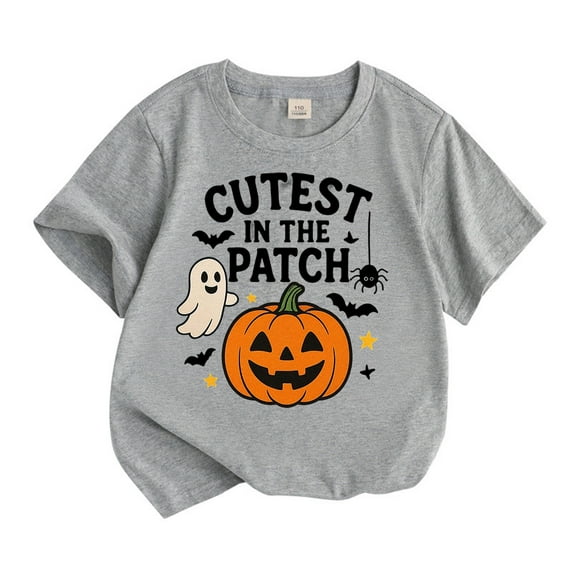 LIIPEE Boys Girls Tops Halloween Cartoon Pumpkin Letter Ghost Printed Short Sleeve Round Neck Tshirt Top Kids Trendy Vacation Tee,Grey,8-9 Years