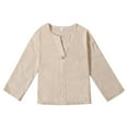 thumbnail image 1 of LIIPEE Boys Girls Tops Solid Color Cotton Linen Long Sleeve V Neck Button Shirt Classic Party Tee Shirts,Beige,4-5 Years, 1 of 7
