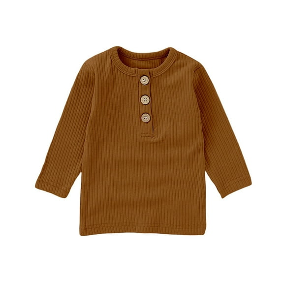 LIIPEE Boys Girls Tops Solid Color Ribbed Long Sleeve Round Neck Button Shirt Trendy Indoor Tee,Brown,6-12 Months