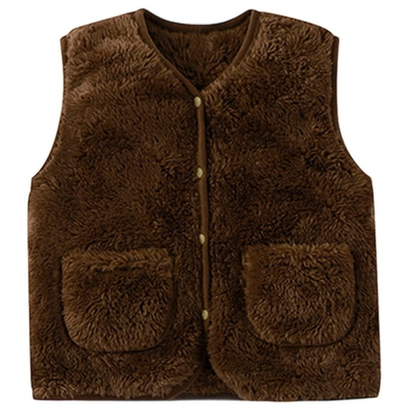 LIIPEE Boys Girls Tops Solid Color Warm Sleeveless V Neck Fuzzy Vest With Pockets Boy Casual Weekend Tee,Brown,5-6 Years