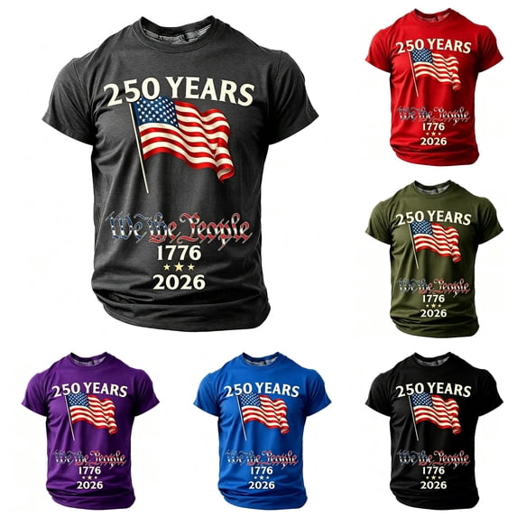 LIIPEE Boys Kids Crew Neck Short Sleeve TShirt With 250 Years We The People American Flag 1776-2026 Vintage Letter Print For Fourth Of July Daily Wear Dark Gray 8-9 Years
