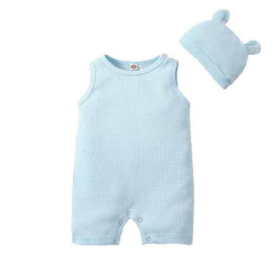 LIIPEE Boys Onesie Solid Color Sleeveless Round Neck Romper With Hat Toddler Casual Casual Daily Party Photoshoot One-Pieces,Light Blue,0-6 Months