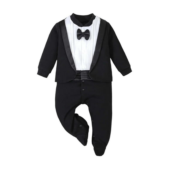 LIIPEE Boys Onesie Spring Autumn Soft Casual Long Sleeve Notched Bow Tie Gentleman Dress Tuxedo Jumpsuit Leisure Party One-Pieces,Black,0-3 M