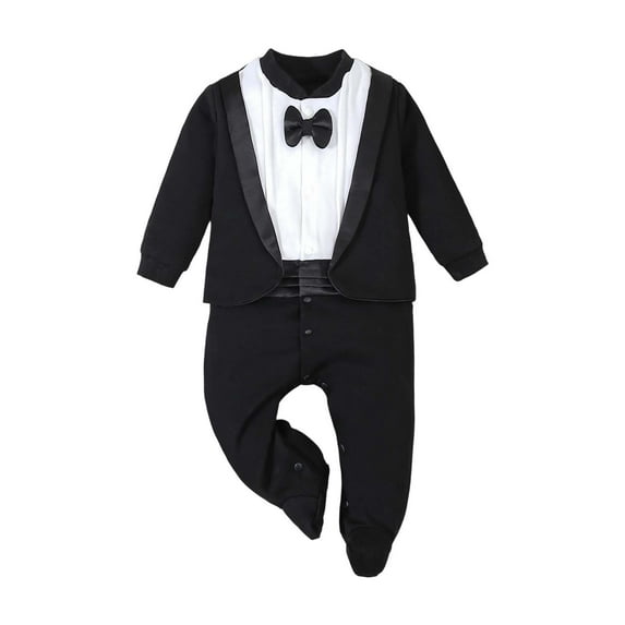 LIIPEE Boys Onesie Spring Autumn Soft Casual Long Sleeve Notched Bow Tie Gentleman Dress Tuxedo Jumpsuit Leisure Party One-Pieces,Black,0-3 M