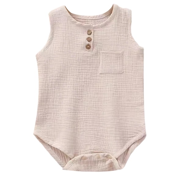 LIIPEE Boys Onesie Summer Soft Breathable Sleeveless Solid Color Round Neck Button Down Tank Bodysuit Leisure Photoshoot One-Pieces,Beige,0-3 Months