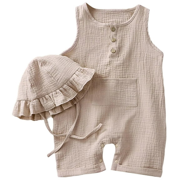 LIIPEE Boys Onesie Summer Soft Breathable Sleeveless Solid Color Round Neck Button Down Tank Romper Stylish Photoshoot One-Pieces,Beige,12-18 Months