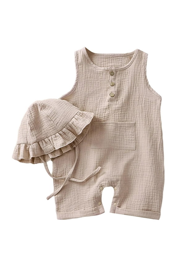 Boys Onesie Summer Soft Breathable Sleeveless Solid Color Round Neck Button Down Tank Romper Stylish Photoshoot One-Pieces,Beige,12-18 Months