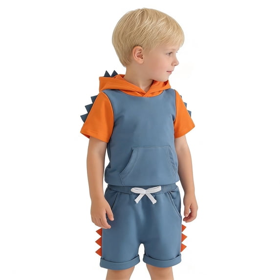 LIIPEE Boys Outfits Casual Cartoon Cool Dinosaur Short Sleeve Hoodie And Shorts Two Piece Set Toddler Kids Comfortable Daily Breathable Soft Cute Clothing,Blue,6-12 Months