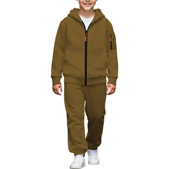 LIIPEE Boys Outfits Casual Solid Color Comfortable Hooded Daily Wear With Pockets Soft Fabric Toddler Kids Long Sleeve Crew-Neck Suit Zipper Breathable Clothes Sets,Brown,8-9 Years