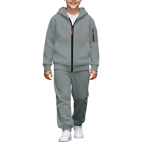 LIIPEE Boys Outfits Casual Solid Color Comfortable Hooded Daily Wear With Pockets Soft Fabric Toddler Kids Long Sleeve Crew-Neck Suit Zipper Breathable Clothes Sets,Grey,8-9 Years