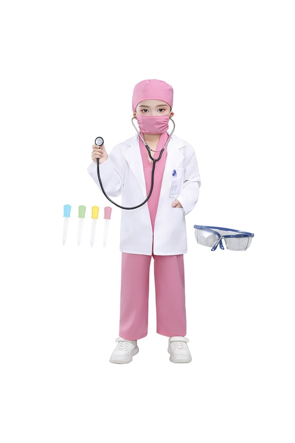 Boys Outfits Children Lab Coat Doctors Play Dress Suit Long Sleeve Solid Color Lapel Lovely Wear Comfortable And Soft Clothing Sets,Pink,4-5 Years