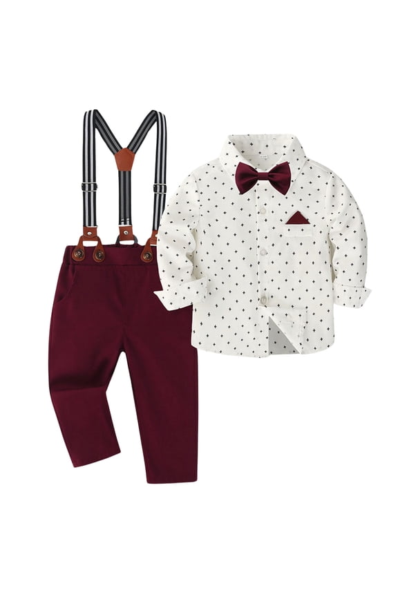 Boys Outfits Formal Elegant Polka Dot Printed Long Sleeve Lapel Wedding Dress Shirt Solid Color Pants Two Piece Set Kids Comfortable Breathable Soft Cute Daily Clothes,White,18-24 Months