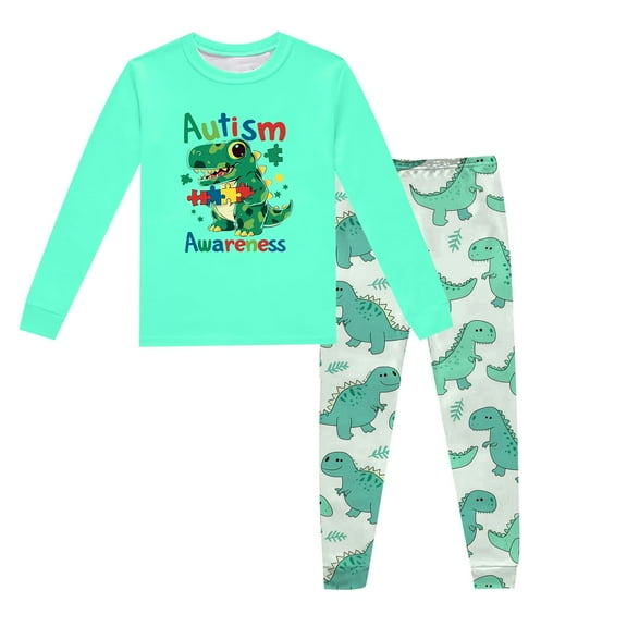 LIIPEE Boys Outfits Summer Casual Cartoon Dinosaur Printed Round Neck Long Sleeve Tshirts Pants Pajamas Set Kids Casual Pyjamas Outfit,Mint Green,8T