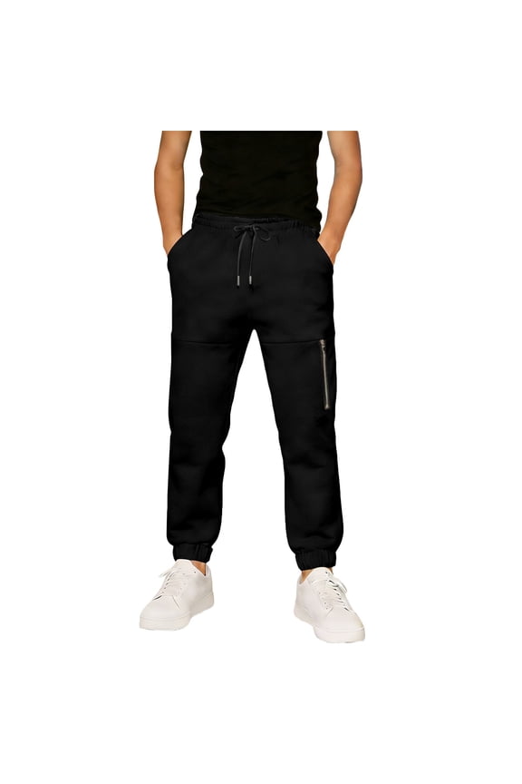 Boys Pants Casual Solid Color Durable Joggers With Zipper Ankle Length Loose Fit Sports Trousers Soft For Comfortable Play Wear Pants,Black,5-6 Years