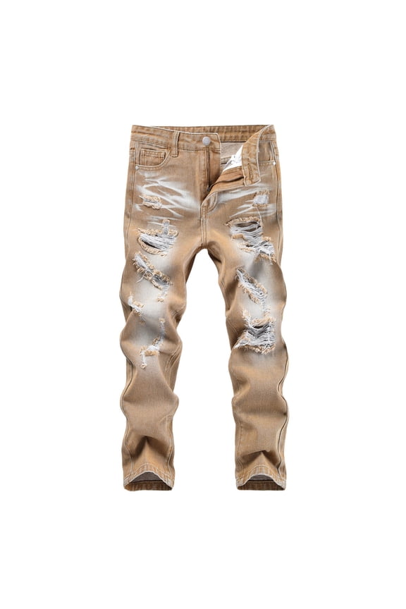 Boys Ripped Jean Pants High Waisted Button Straight Leg Distressed Denim Streetwear Trousers With Pockets Boy Classic Indoor Outdoor Wear Pants,Khaki,7-8 Years