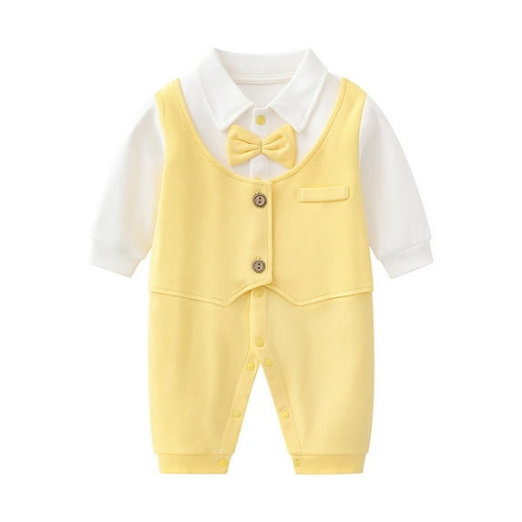 LIIPEE Boys Romper Baby Gentleman Jumpsuit Long Sleeve Bowtie Lapel Formal Tuxedo Bodysuit Cute Soft Breathable Comfortable One-Pieces,Yellow,6-9 Months
