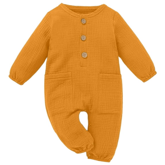 LIIPEE Boys Romper Casual Solid Color Long Sleeve Baby Linen Jumpsuit With Patch Pockets Crew Neck Comfortable Soft Bodysuit For Toddler Breathable Cute Daily One-Pieces,Yellow,6-9 Months