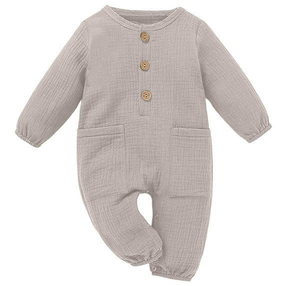 LIIPEE Boys Romper Casual Solid Color Long Sleeve Baby Linen Jumpsuit With Patch Pockets Crew Neck Comfortable Soft Bodysuit For Toddler Breathable Cute Daily One-Pieces,Grey,6-9 Months
