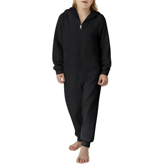 LIIPEE Boys Romper Kids Solid Color Long Sleeve Zipper Hooded Jumpsuit Children Casual Comfortable Bodysuit Breathable Soft Cute Daily One-Pieces,Black,5-6 Years