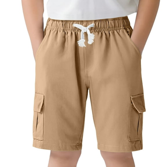 LIIPEE Boys School Uniform Shorts Solid Color Elastic Waist Drawstring Dress Shorts With Pockets Boys Casual Birthday Shorts,Khaki,16-17 Years
