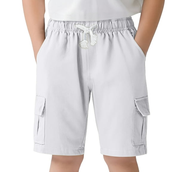 LIIPEE Boys School Uniform Shorts Solid Color Elastic Waist Drawstring Dress Shorts With Pockets Child Elegant Vacation Shorts,White,16-17 Years