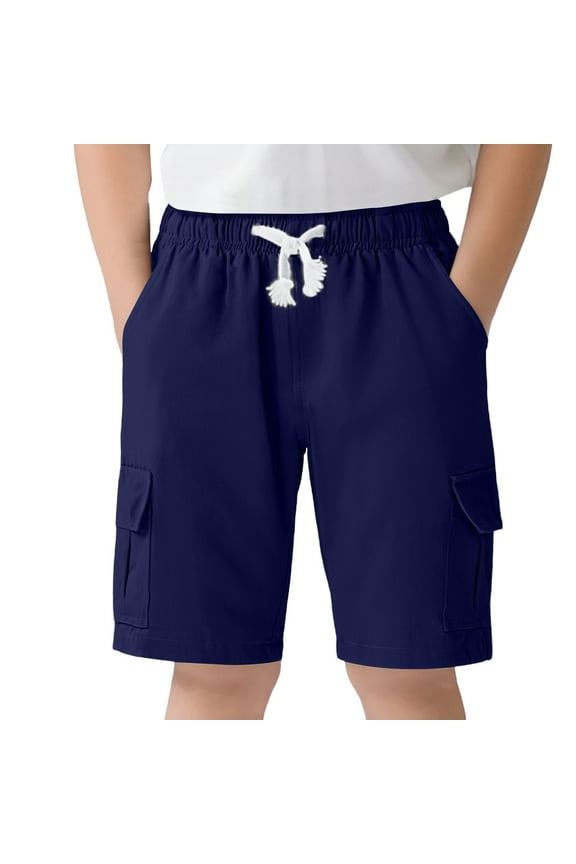 Boys School Uniform Shorts Solid Color Elastic Waist Drawstring Dress Shorts With Pockets Kids Breathable School Shorts,Blue,5-6 Years