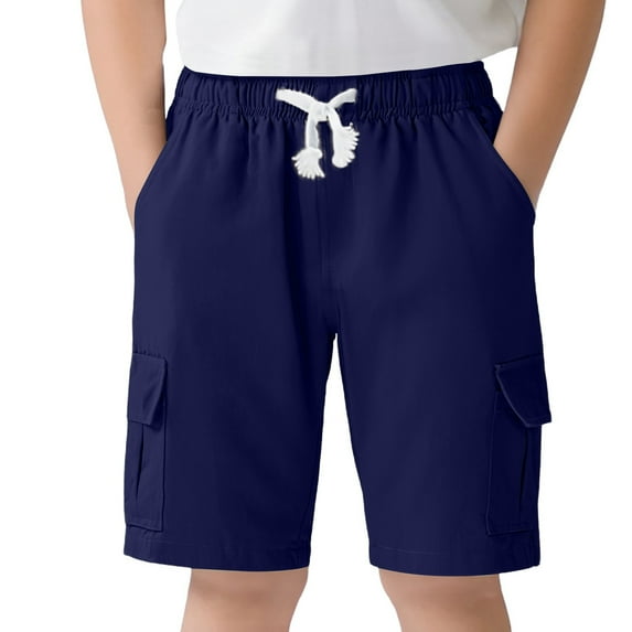 LIIPEE Boys School Uniform Shorts Solid Color Elastic Waist Drawstring Dress Shorts With Pockets Kids Handsome Weekend Shorts,Blue,11-12 Years