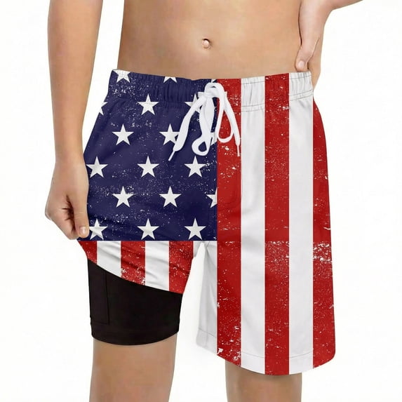 LIIPEE Boys Shorts Casual Summer Alternating Red And White And Five-Pointed Stars Elastic Drawstring Waist Swim Trunks With Inner Pockets Kids Children Comfortable Cute Beach Shorts,7 Years