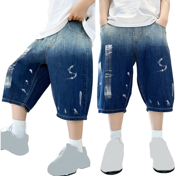 LIIPEE Boys Shorts Casual Summer Solid Color Knee Length Baggy Wide Leg Elastic Waist Ripped Hole Denim Shorts With Pockets Kids Children Comfortable Breathable Cute Daily Shorts,15-16 Years