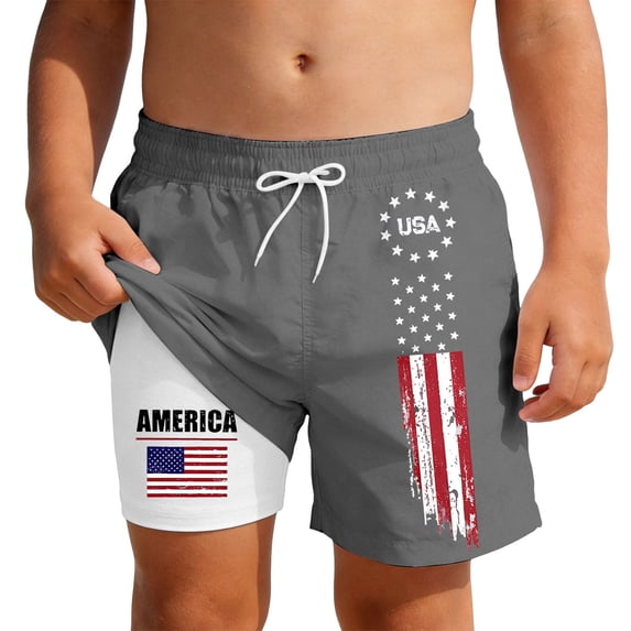 LIIPEE Boys Shorts Independence Day Casual Summer Hybrid Relaxed Fit 4th Of July America Stars Stripes U.S.A Red White And Blue Print Elastic Waist Fashion Cute Double Layer Beach Shorts,11-12 Years