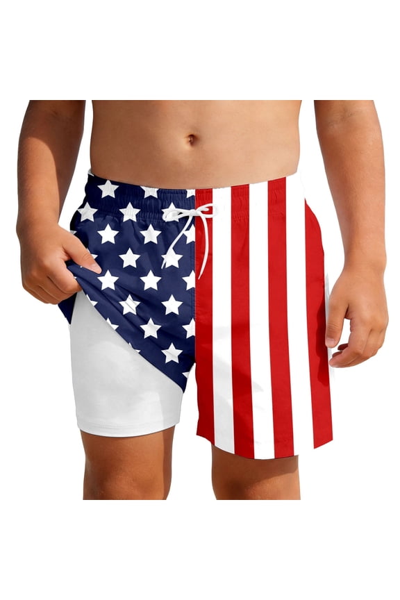 Boys Shorts Summer Independence Day Lightweight Alternating Red And White And Five-Pointed Stars Patriotic Graphic Shorts Kids Elastic Drawstring Waist Double Layer Beach Shorts,7-8 Years