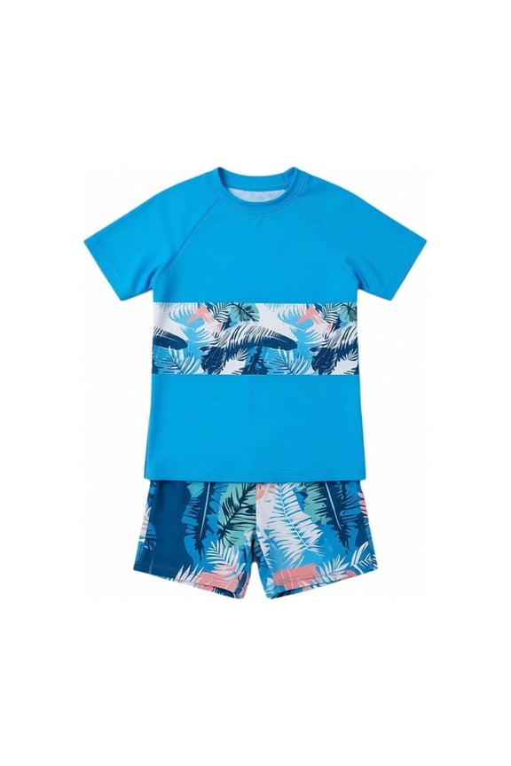 Boys Swimsuits Casual Summer Cartoon Graphic Printed Rash Guard Swim Tops And Trunks Beachwear Pool Swimming For Kids Comfortable Breathable Soft Cute Daily Swimwear,Sky Blue,10-11 Years