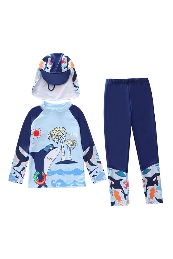 Boys Swimsuits Casual Summer Cartoon Long Sleeve Rash Guard Beachwear Sun Surfing Beach Hot Swim For Kids Comfortable Breathable Soft Cute Daily Bathing Suit,Light Blue2,9-10 Years