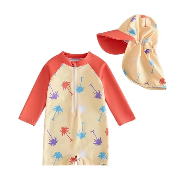 LIIPEE Boys Swimsuits Summer Kids Baby Cartoon Graphic Printed Rash Guard Long Sleeve Zipper One-Piece Swimming Hat Outfits Casual Comfortable Soft Breathable Cute Daily Swimwear,Red,18-24 Months