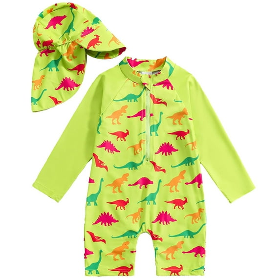 LIIPEE Boys Swimwear Summer New Fashion Long Sleeve Animal Printed Round Neck Zipper Romper Swimsuit With Cap Toddler Comfort Vacation Beachwear,Yellow,12-18 Months