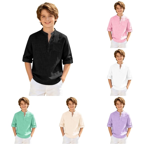 LIIPEE Boys T Shirts Casual Solid Color Henley Neck Rolled Sleeve Short Sleeve Basic Tshirt Kids Comfortable Daily Tee Tops Fashion Breathable T-Shirts,10-11 Years