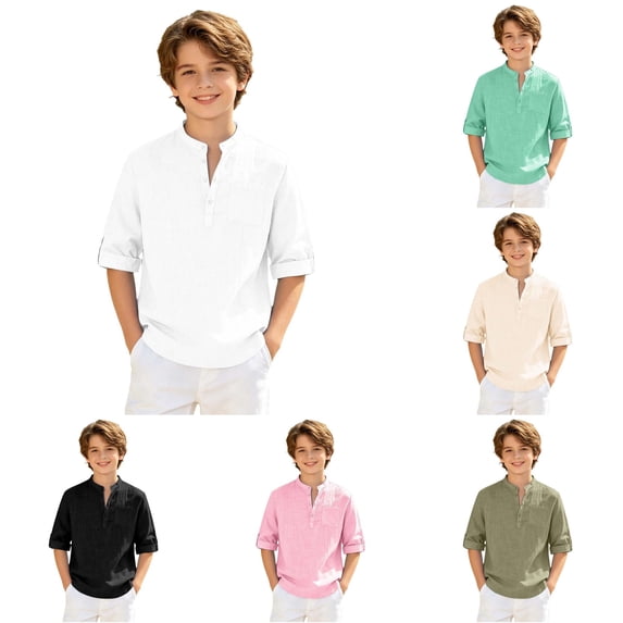 LIIPEE Boys T Shirts Casual Solid Color Henley Neck Rolled Sleeve Short Sleeve Basic Tshirt Kids Comfortable Daily Tee Tops Fashion Breathable T-Shirts,11-12 Years