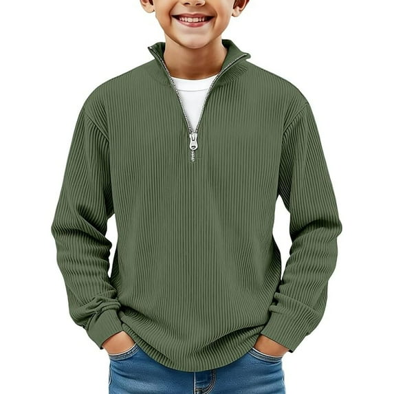 LIIPEE Boys Tops Casual Solid Color Long Sleeve Collared Corduroy Shirt Kids Ribbed Quarter Zip Pullover Sweatshirts Comfortable Soft Breathable Fashion Spring Autumn Clothing,Army Green,13-14 Years